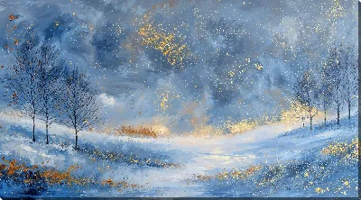 Картина маслом Зимний пейзаж с деревьями и снегом в вечернее время