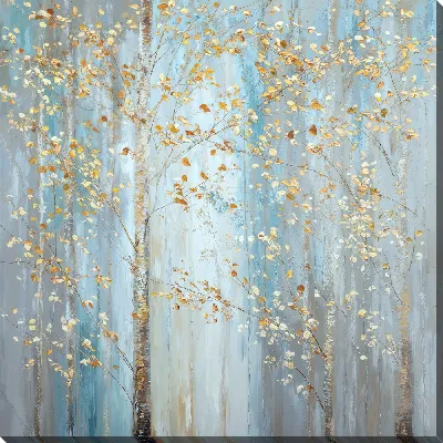Картина маслом Лес с берёзами и золотыми листьями на фоне голубого неба