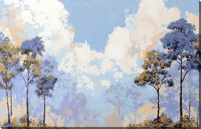 Картина маслом Синие деревья и облака на фоне ясного неба в лесной местности