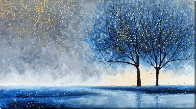 Картина маслом Зима и деревья на фоне снежного пейзажа с холодным небом и светом