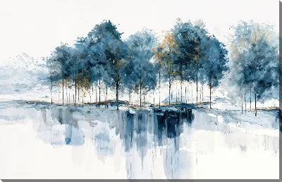 Картина маслом Лес и река в зимнем пейзаже с отражением деревьев на воде