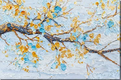 Картина маслом Цветущие ветки синих и золотых цветков на светлом фоне