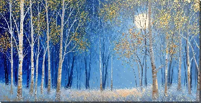 Картина маслом Зимний лес с белыми березами и полной луной в небе