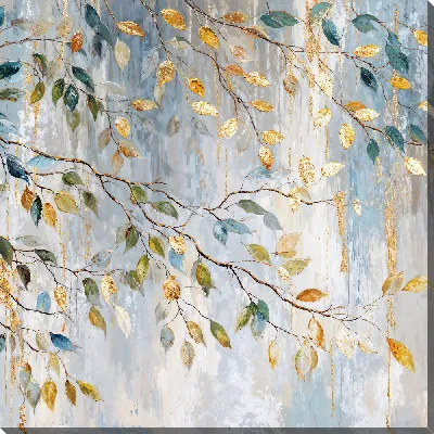 Картина маслом Зеленые и золотые листья на светлом фоне с абстрактным рисунком