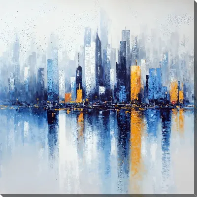 Картина маслом Городской пейзаж с высокими зданиями вечером над спокойной водой озера