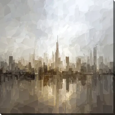 Картина маслом Городской пейзаж с отражением в воде, небоскребы и облака на горизонте