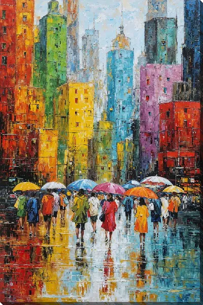 Картина маслом Дождливый день в городе с людьми под разноцветными зонтами