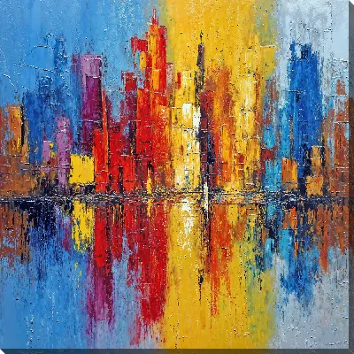 Картина маслом Городские здания на фоне оранжевого и синего неба с отражениями в воде