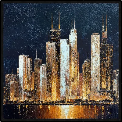 Городские здания ночью в центре на фоне темного неба за городской рекой с отражениями