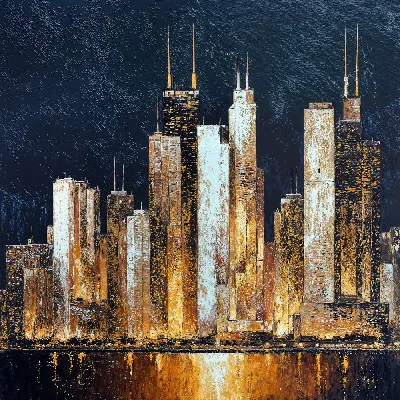 Городские здания ночью в центре на фоне темного неба за городской рекой с отражениями