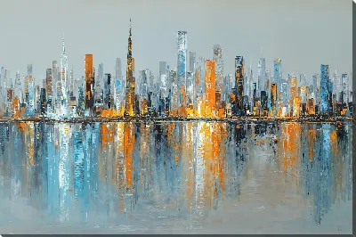 Картина маслом Городской пейзаж с высотными зданиями и отражением на воде №2