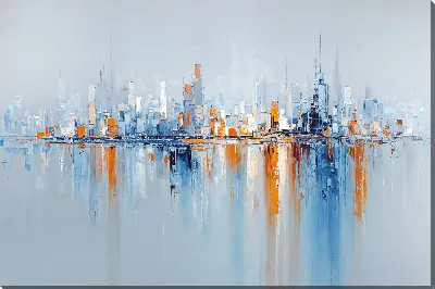 Картина маслом Городской пейзаж с отражением в воде в абстрактном стиле