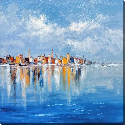 Картина маслом Горизонт города на берегу моря с отражением на воде и небом с облаками