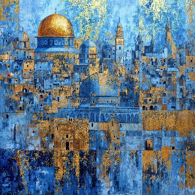 Плакат Вечерний вид на Старый город Иерусалима с Куполом Скалы и историческими зданиями