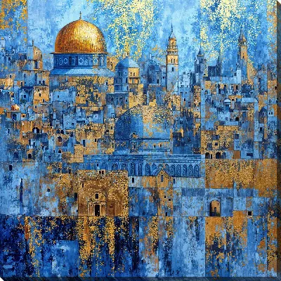 Постер Вечерний вид на Старый город Иерусалима с Куполом Скалы и историческими зданиями