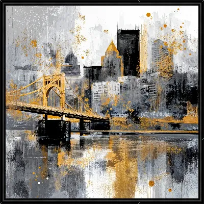 Картина Мост через реку и небоскребы в Питтсбурге на фоне серого неба и отражения в воде