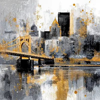 Плакат Мост через реку и небоскребы в Питтсбурге на фоне серого неба и отражения в воде