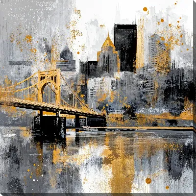 Постер Мост через реку и небоскребы в Питтсбурге на фоне серого неба и отражения в воде