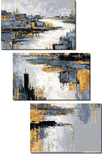 Модульная картина Город у реки, серый и золотой, на фоне облачного неба