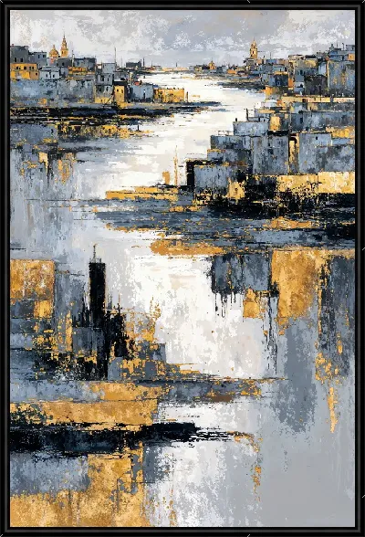 Картина Город у реки, серый и золотой, на фоне облачного неба