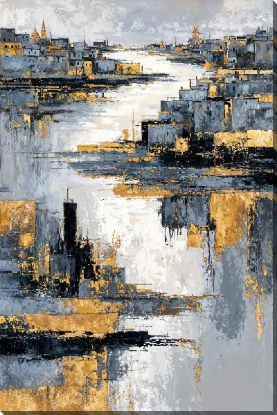 Постер Город у реки, серый и золотой, на фоне облачного неба