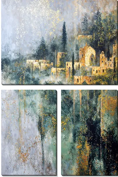 Модульная картина Городские строения на склоне горы среди леса и облаков в утреннем свете