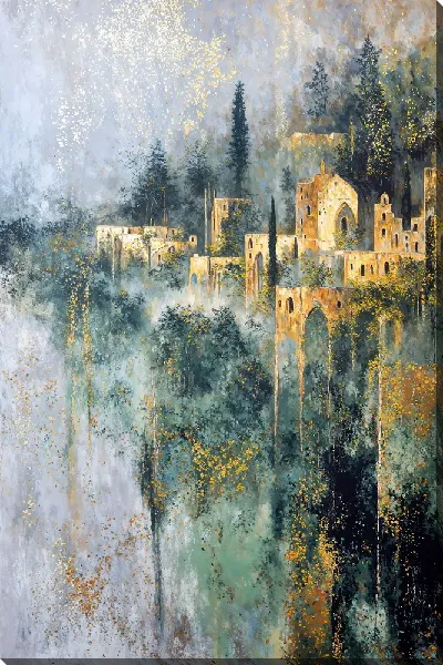 Картина маслом Городские строения на склоне горы среди леса и облаков в утреннем свете