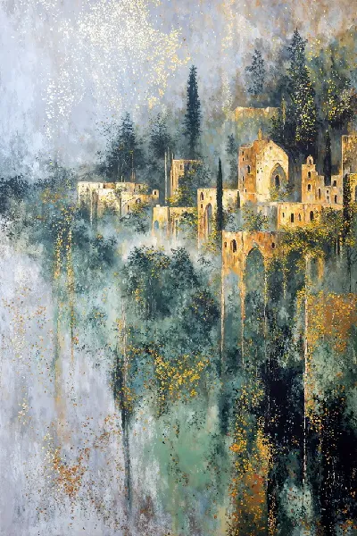 Плакат Городские строения на склоне горы среди леса и облаков в утреннем свете