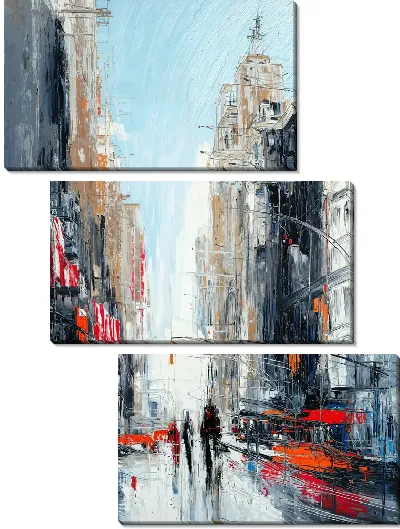 Модульная картина Живой город на улице с высокими зданиями и прохожими на дороге в ясный день