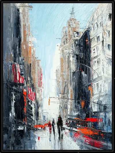 Картина Живой город на улице с высокими зданиями и прохожими на дороге в ясный день