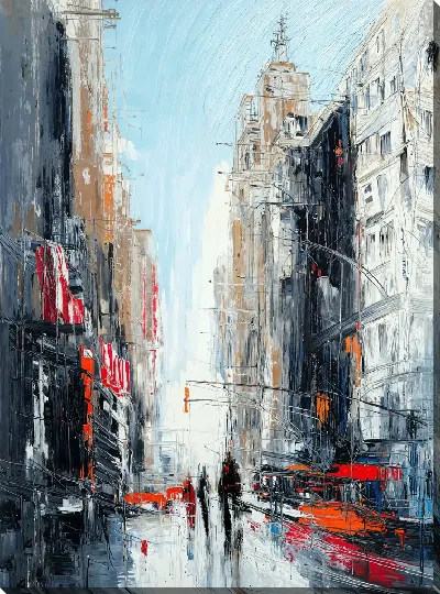 Картина маслом Живой город на улице с высокими зданиями и прохожими на дороге в ясный день