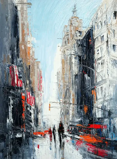 Плакат Живой город на улице с высокими зданиями и прохожими на дороге в ясный день