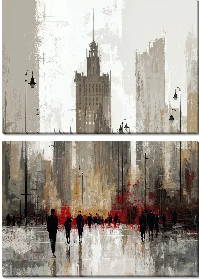 Модульная картина Небоскрёбы на улице в городе в туманное утро