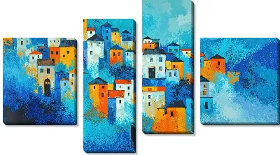 Модульная картина Многоцветные дома на горе в деревне под ярким небом и светлыми облаками