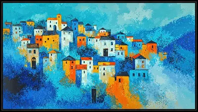 Картина Многоцветные дома на горе в деревне под ярким небом и светлыми облаками