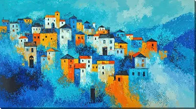 Картина маслом Многоцветные дома на горе в деревне под ярким небом и светлыми облаками