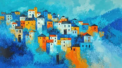 Плакат Многоцветные дома на горе в деревне под ярким небом и светлыми облаками