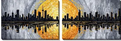 Модульная картина Силуэт города на фоне заката над водой с отражением зданий