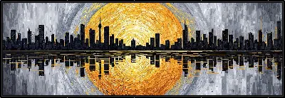 Картина Силуэт города на фоне заката над водой с отражением зданий