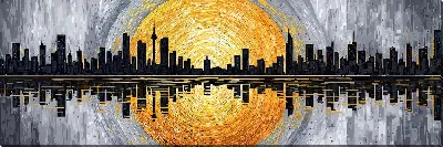 Картина маслом Силуэт города на фоне заката над водой с отражением зданий