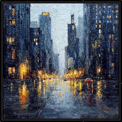 Картина Городская улица в дождливую погоду с отражениями огней на асфальте