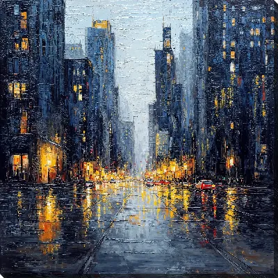 Картина маслом Городская улица в дождливую погоду с отражениями огней на асфальте