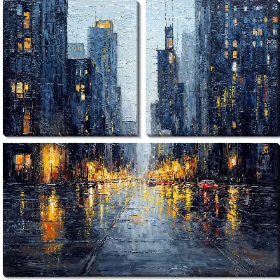 Городская улица в дождливую погоду с отражениями огней на асфальте