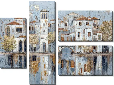 Модульная картина Город у воды с домами и мостом под ясным небом