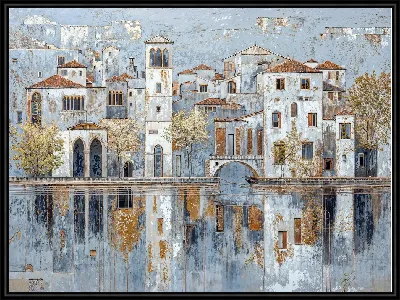 Картина Город у воды с домами и мостом под ясным небом