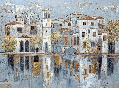 Плакат Город у воды с домами и мостом под ясным небом