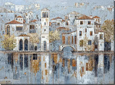 Постер Город у воды с домами и мостом под ясным небом