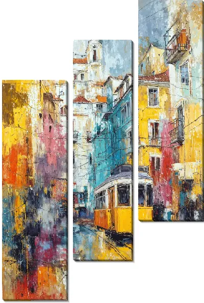 Модульная картина Желтый трамвай на улице с цветными зданиями в городе под дождем