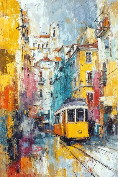 Плакат Желтый трамвай на улице с цветными зданиями в городе под дождем