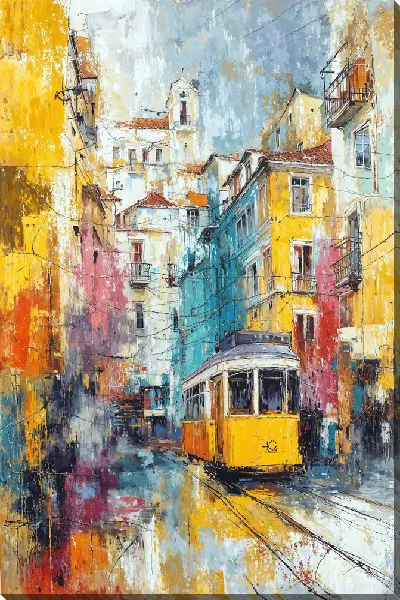 Постер Желтый трамвай на улице с цветными зданиями в городе под дождем